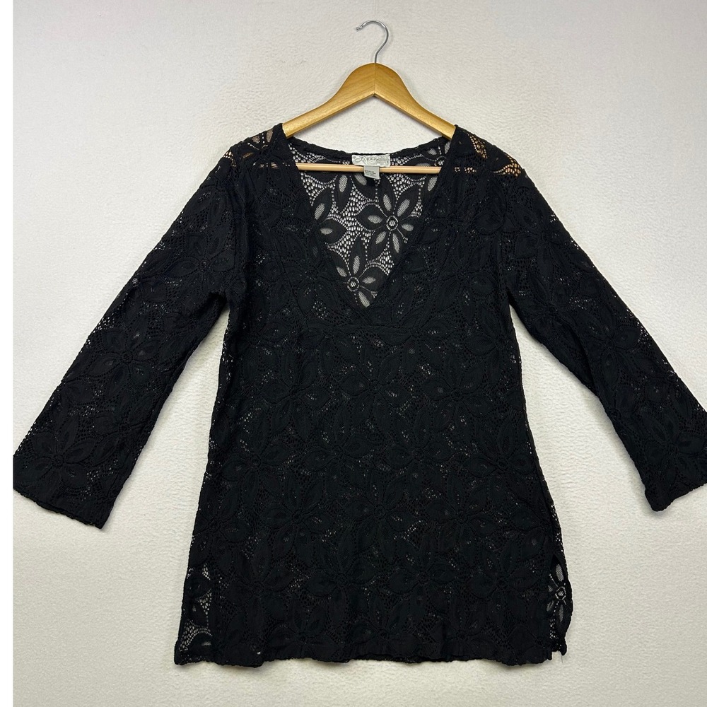 Boho J. Valdi Womens Medium Black Floral Lace Swim Cover Up Top Resort Festival